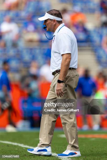 Head coach Dan Mullen of the Florida Gators looks on before the start of a game against the Vanderbilt Commodores at Ben Hill Griffin Stadium on...