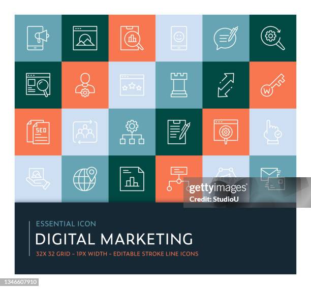 digital marketing editable stroke line icon collection - content icon editable stock illustrations