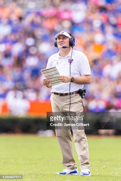 Head coach Dan Mullen of the Florida Gators looks on during the first quarter of a game against the Vanderbilt Commodores at Ben Hill Griffin Stadium...
