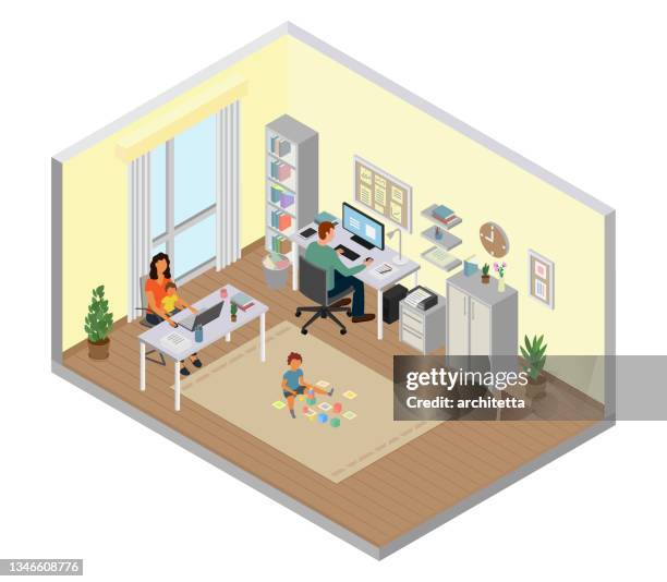 family with children working from home isometric perspective - telecommuting kid stock illustrations
