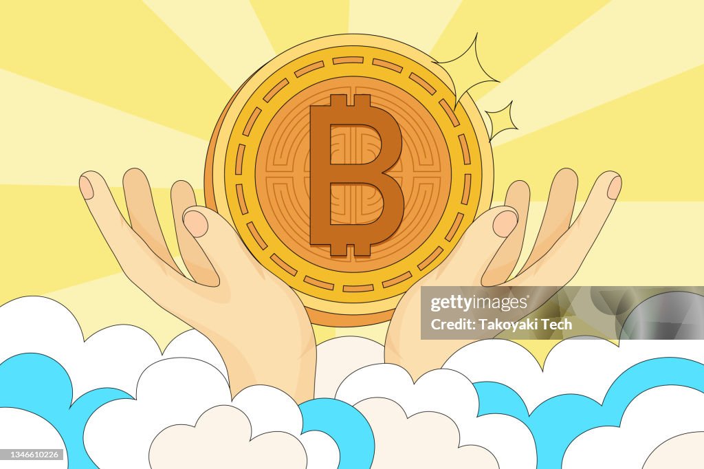 Funny cartoon modern illustration on bitcoin in god's hands on heaven in rays of lights.