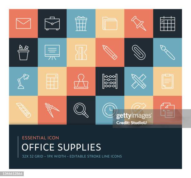 office supplies editable stroke line icon collection - binder clip vector stock illustrations