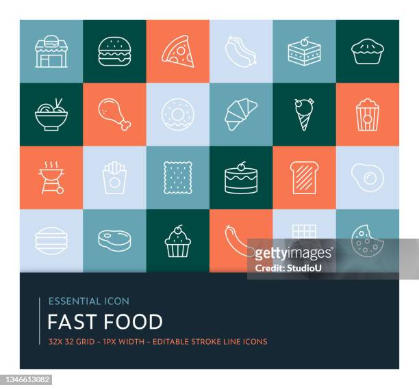 fast food editable stroke line icon kollektion - beef pie stock-grafiken, -clipart, -cartoons und -symbole