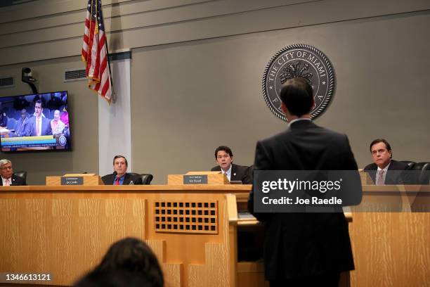 City of Miami Commissioner Manolo Reyes, Joe Carollo, Ken Russell and Alex Diaz de la Portilla question attorney John R. Byrne about his client...