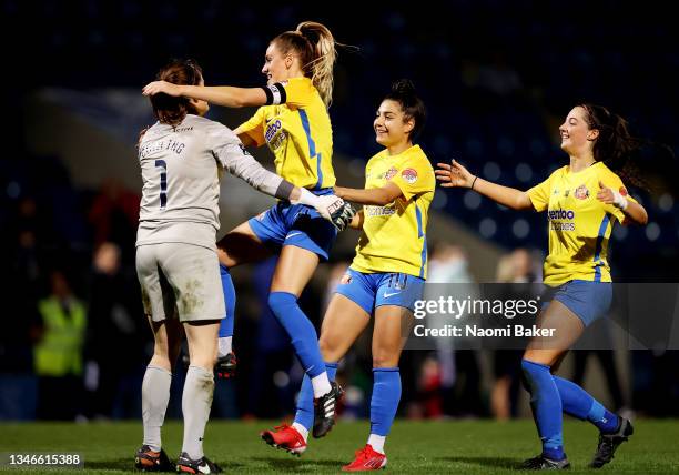 Allison Cowling and Emma Kelly of Sunderland Ladies celebrate after winning the penalty shoot out during the FA Women's Continental Tyres League Cup...