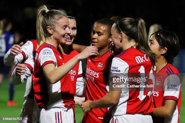 Leah Williamson of Arsenal Women FC celebrates with her team mates after scoring his team's fourth goal during the UEFA Women's Champions League...