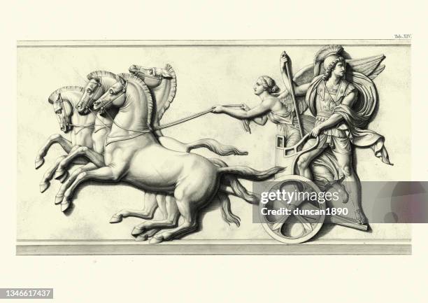 stockillustraties, clipart, cartoons en iconen met alexander the great riding in triumphal chariot driven by the winged goddess of victory - chariot