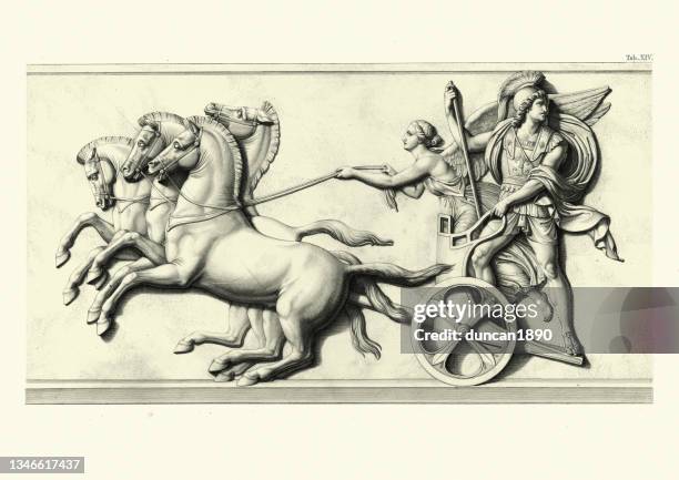 alexander the great riding in triumphal chariot driven by the winged goddess of victory - relief carving stock illustrations