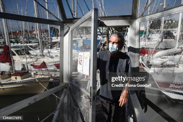 Paul Moore leaves the dock at the marina in Whangarei Town Basin on October 15, 2021 in Whangarei, New Zealand. Paul came to New Zealand before the...