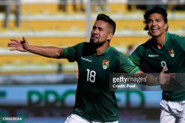 Rodrigo Ramallo of Bolivia celebrates after scoring the opening goal during a match between Bolivia and Paraguay as part of South American Qualifiers...