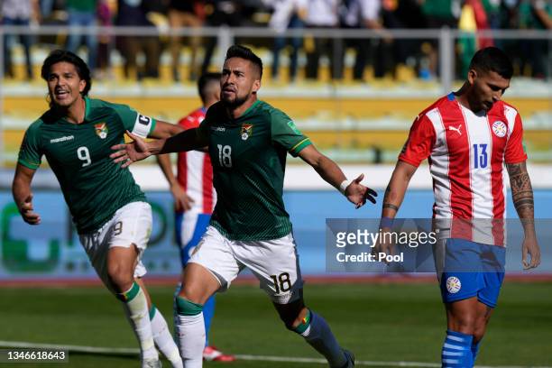 Rodrigo Ramallo of Bolivia celebrates after scoring the opening goal during a match between Bolivia and Paraguay as part of South American Qualifiers...