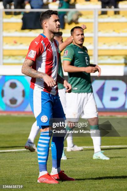 Antonio Sanabria of Paraguay reacts after missing a penalty kick during a match between Bolivia and Paraguay as part of South American Qualifiers for...