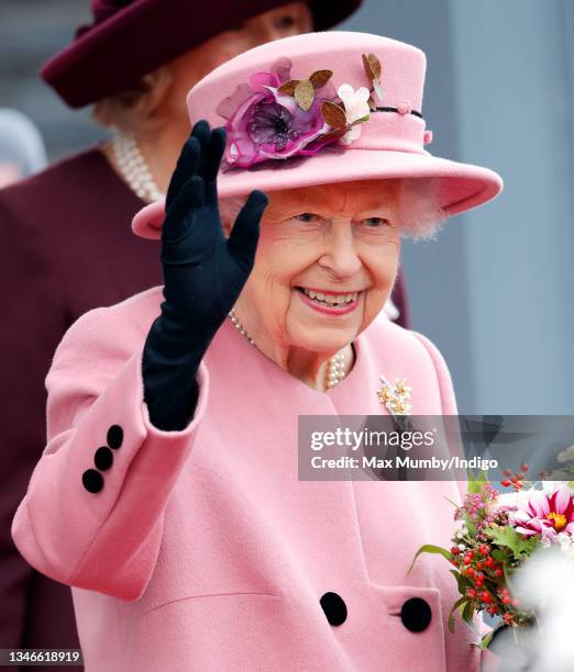 Queen Elizabeth II attends the opening ceremony of the sixth session of the Senedd at The Senedd on October 14, 2021 in Cardiff, Wales.