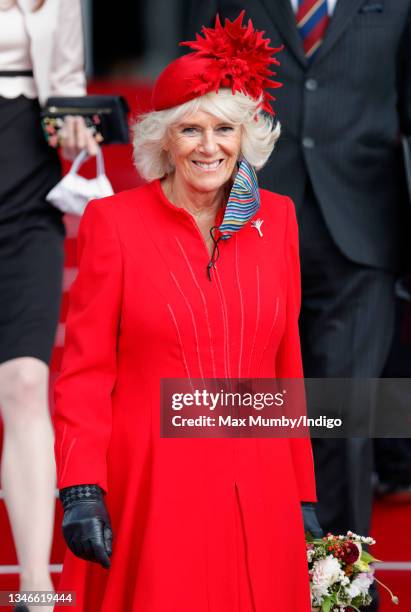 Camilla, Duchess of Cornwall attends the opening ceremony of the sixth session of the Senedd at The Senedd on October 14, 2021 in Cardiff, Wales.