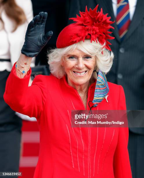 Camilla, Duchess of Cornwall attends the opening ceremony of the sixth session of the Senedd at The Senedd on October 14, 2021 in Cardiff, Wales.