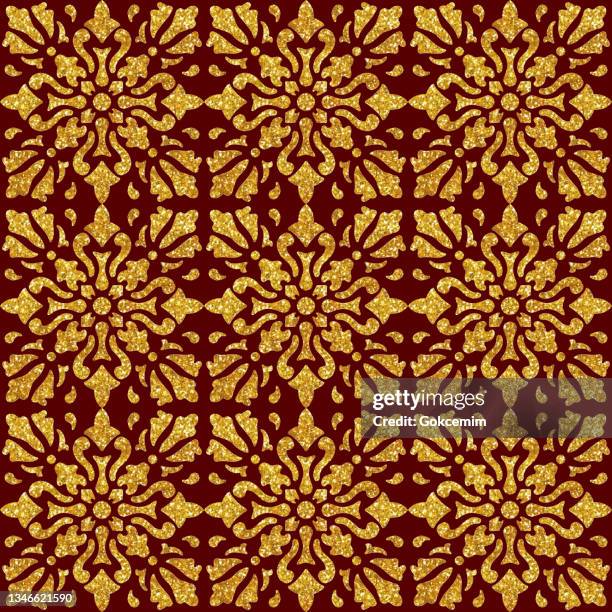 gold foil hand painted metallic tile. seamless arabic style pattern. vector tile pattern, lisbon arabic floral mosaic, mediterranean seamless gold colored ornament. - damask background stock illustrations