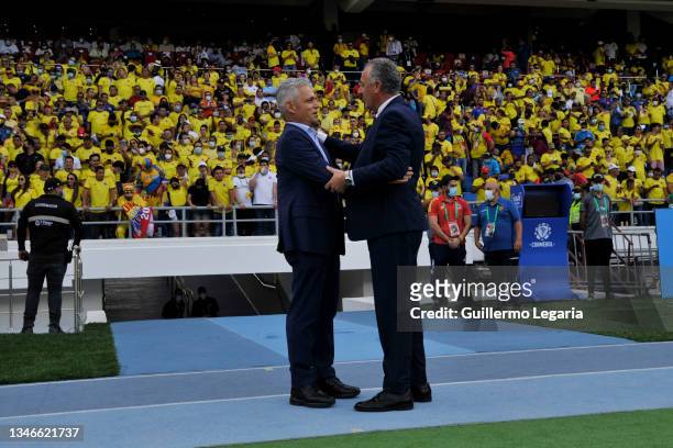 Head coach of Colombia Reinaldo Rueda greets Head coach of Ecuador Gustavo Alfaro prior to a match between Colombia and Ecuador as part of South...