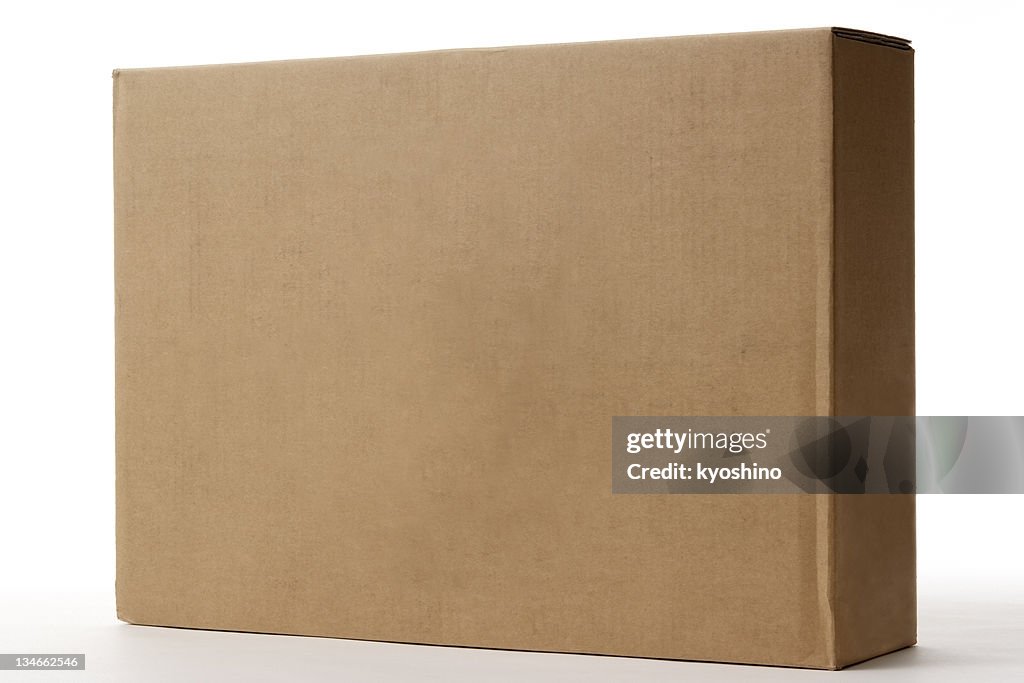 Isolated shot of blank cardboard box on white background