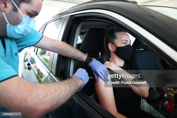 Alice Ridling gets her vaccination at the Northland drive-through vaccination centre at Semenoff Stadium on October 15, 2021 in Whangarei, New...