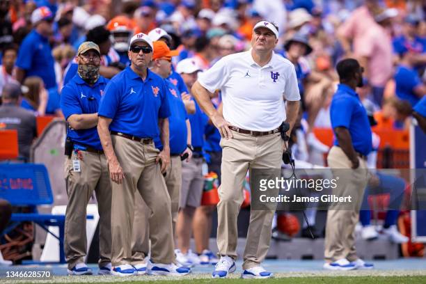 Head coach Dan Mullen of the Florida Gators looks on during the third quarter of a game against the Vanderbilt Commodores at Ben Hill Griffin Stadium...