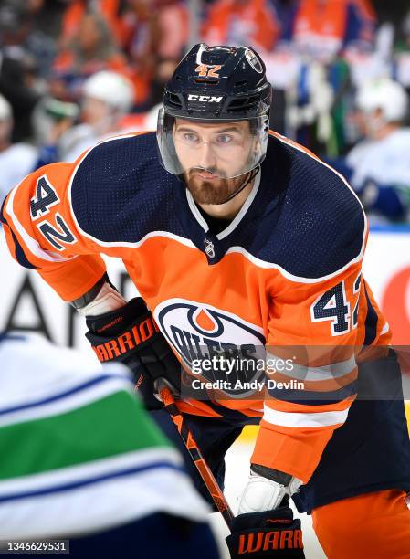 Brendan Perlini of the Edmonton Oilers awaits a face-off during the game against the Vancouver Canucks on October 13, 2021 at Rogers Place in...