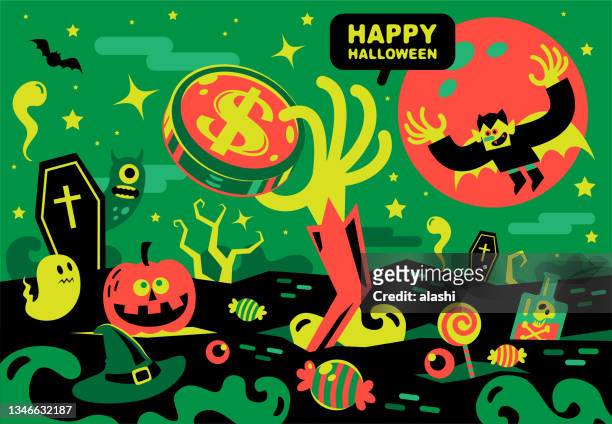 spooky hand coming out of the grave and holding money (admission fee), the vampire and ghost flying in the dark sky - informationsgrafik stock illustrations