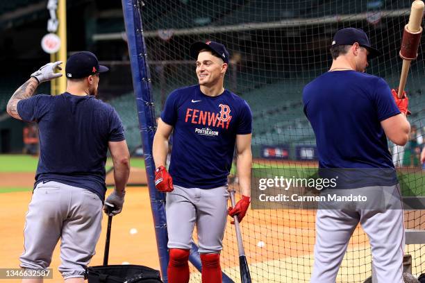 Enrique Hernandez of the Boston Red Sox participates in a workout prior to the start of the American League Championship Series against the Houston...