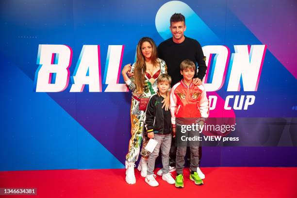 Shakira, Gerard Pique and his sons posing at the balloons world cup on October 14, 2021 in Tarragona, Spain. Based on a series of viral TikTok videos...