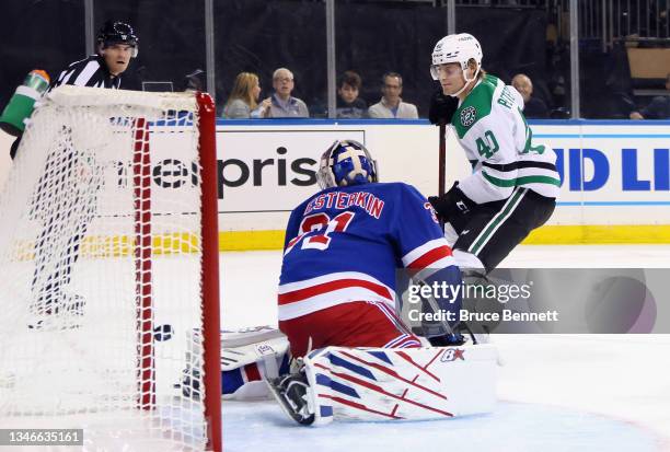 Jacob Peterson of the Dallas Stars scores his first NHL goal in his first game against Igor Shesterkin of the New York Rangers at Madison Square...