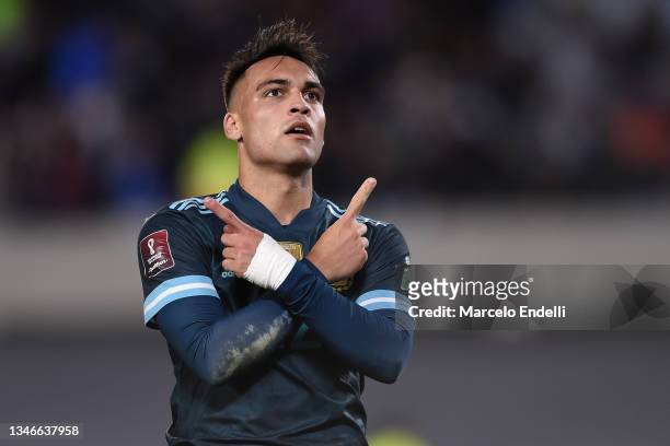 Lautaro Martinez of Argentina celebrates after scoring the first goal of his team during a match between Argentina and Peru as part of South American...