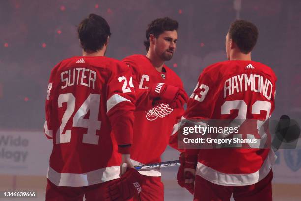 Dylan Larkin of the Detroit Red Wings is introduced during the Detroit Red Wings home opener prior to playing the Tampa Bay Lightning at Little...