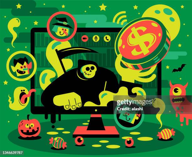 death, vampire, frankenstein, and witch conducting virtual meetings to save business money - offbeat stock illustrations