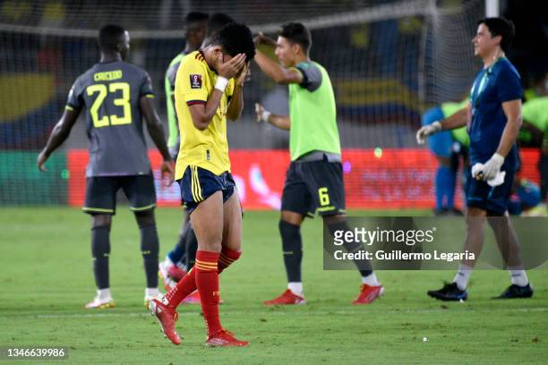Luis Diaz of Colombia reacts after a match between Colombia and Ecuador as part of South American Qualifiers for Qatar 2022 at Estadio Metropolitano...