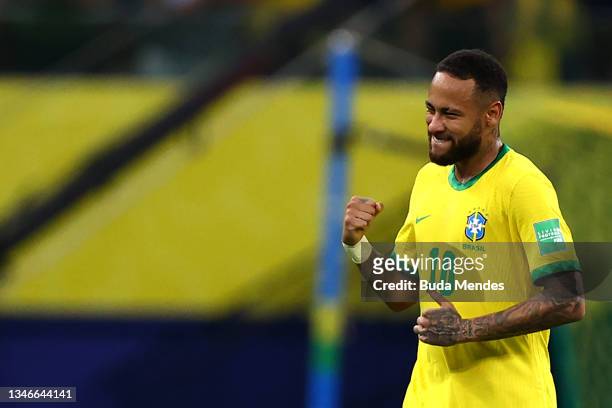 Neymar Jr. Of Brazil celebrates after scoring the first goal of his team during a match between Brazil and Uruguay as part of South American...
