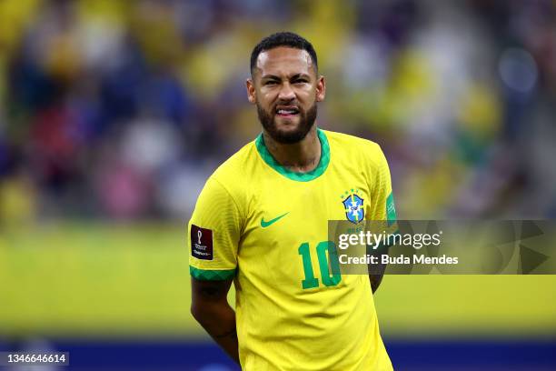 Neymar Jr. Of Brazil gestures prior to a match between Brazil and Uruguay as part of South American Qualifiers for Qatar 2022 at Arena Amazonia on...