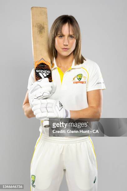Ellyse Perry of Australia poses during the Australia Women's Cricket headshots session at the National Cricket Centre on September 14, 2021 in...