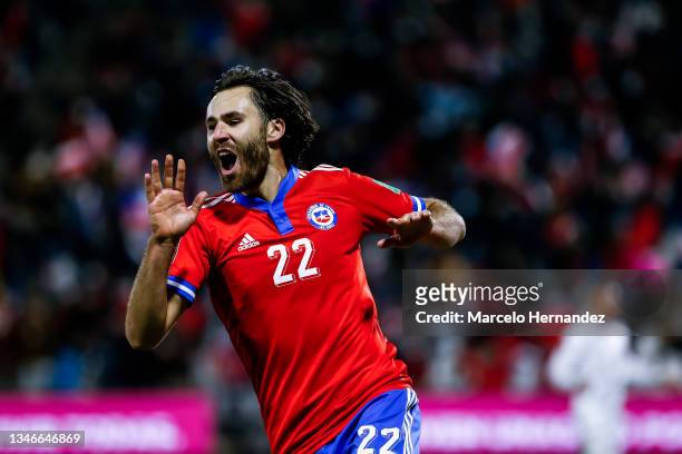 Ben Brereton of Chile celebrates after scoring his team's third goal during a match between Chile and Venezuela as part of South American Qualifiers...