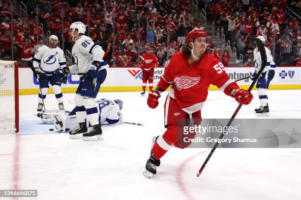Tyler Bertuzzi of the Detroit Red Wings celebrates his second period gaol against the Tampa Bay Lightning at Little Caesars Arena on October 14, 2021...