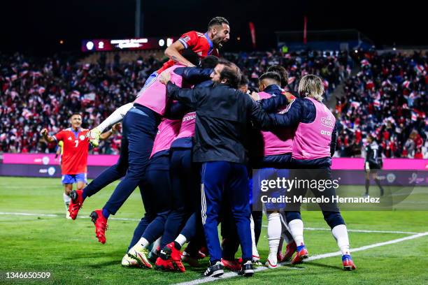 Players of Chile celebrate their third goal during a match between Chile and Venezuela as part of South American Qualifiers for Qatar 2022 at Estadio...