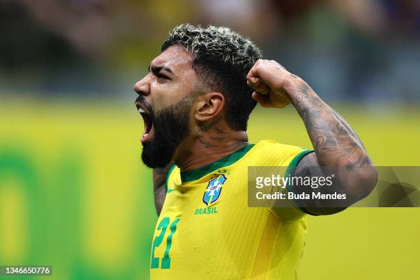 Gabriel Barbosa of Brazil celebrates after scoring the fourth goal of his team during a match between Brazil and Uruguay as part of South American...