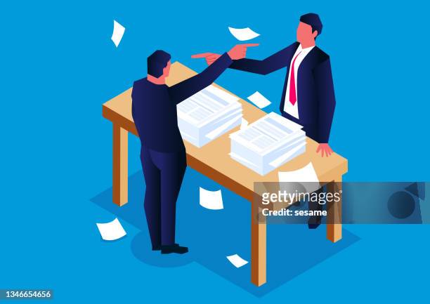 two businessmen quarreling and accusing each other at isometric desk - coworkers talking stock illustrations