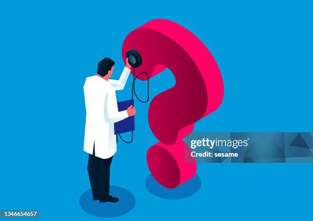 isometric businessman holding a stethoscope diagnosing question marks, analyzing and solving difficult problems - q and a stock illustrations stock illustrations