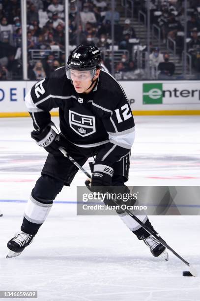 Trevor Moore of the Los Angeles Kings skates on the ice during the first period against the Vegas Golden Knights at STAPLES Center on October 14,...