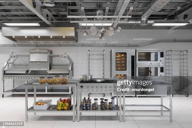 front view of modern industrial kitchen interior with kitchen utensils, equipment and bakery products - food background stock pictures, royalty-free photos & images