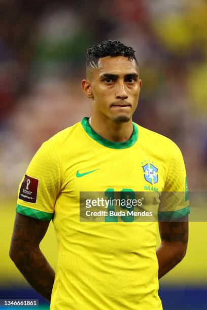 Raphinha of Brazil looks on prior to a match between Brazil and Uruguay as part of South American Qualifiers for Qatar 2022 at Arena Amazonia on...
