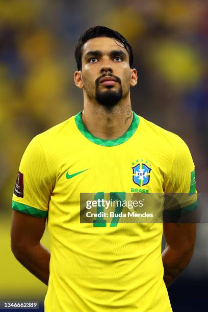 Lucas Paquetá of Brazil looks on prior to a match between Brazil and Uruguay as part of South American Qualifiers for Qatar 2022 at Arena Amazonia on...