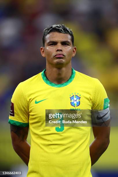 Thiago Silva of Brazil looks on prior to a match between Brazil and Uruguay as part of South American Qualifiers for Qatar 2022 at Arena Amazonia on...