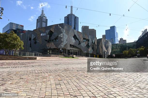An empty Federation Square is seen on October 15, 2021 in Melbourne, Australia. The Victorian government has announced from 19 October, NSW residents...