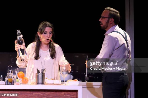 Dalilah Polanco and Ulises de la Torre performs on stage during 'Perfectos Desconocidos' Play Second Premiere at Nuevo Teatro Libanes on October 14,...
