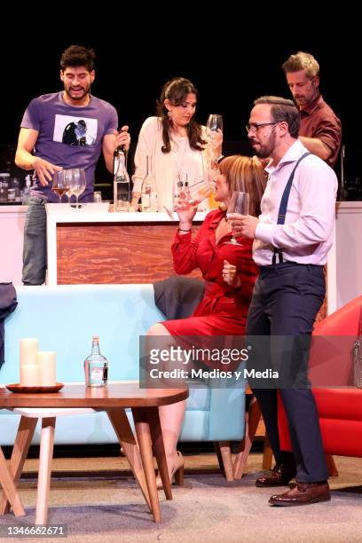 Christian Ramos, Dalilah Polanco, Ulises de la Torre and Marco Zunino performs on stage during 'Perfectos Desconocidos' Play Second Premiere at Nuevo...
